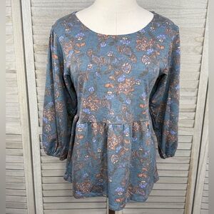 BOBEAU Peplum Blouse Muted Floral Pattern-XS